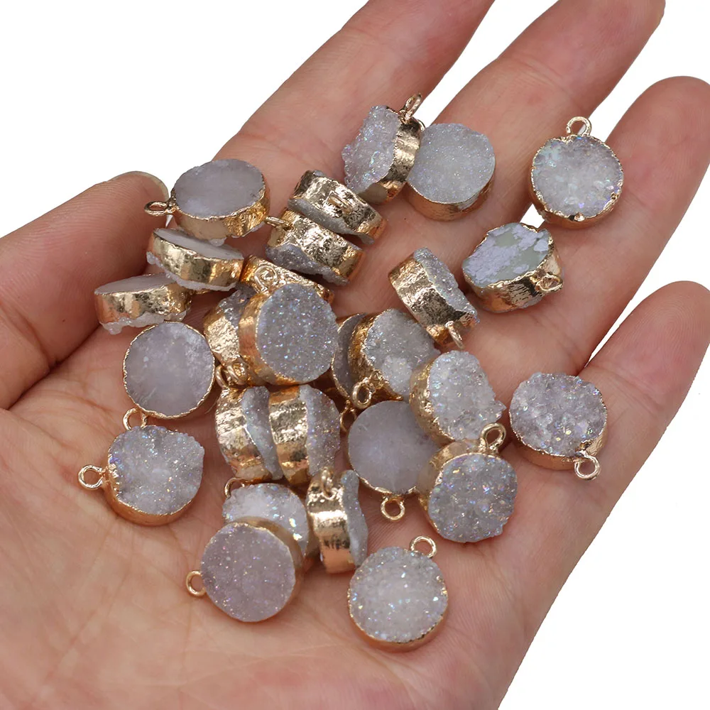 

2Pcs Natural Stone Pendants Round Gold-plated White Druzy for Trendy Jewelry Making DIY Necklace Earrings Gift