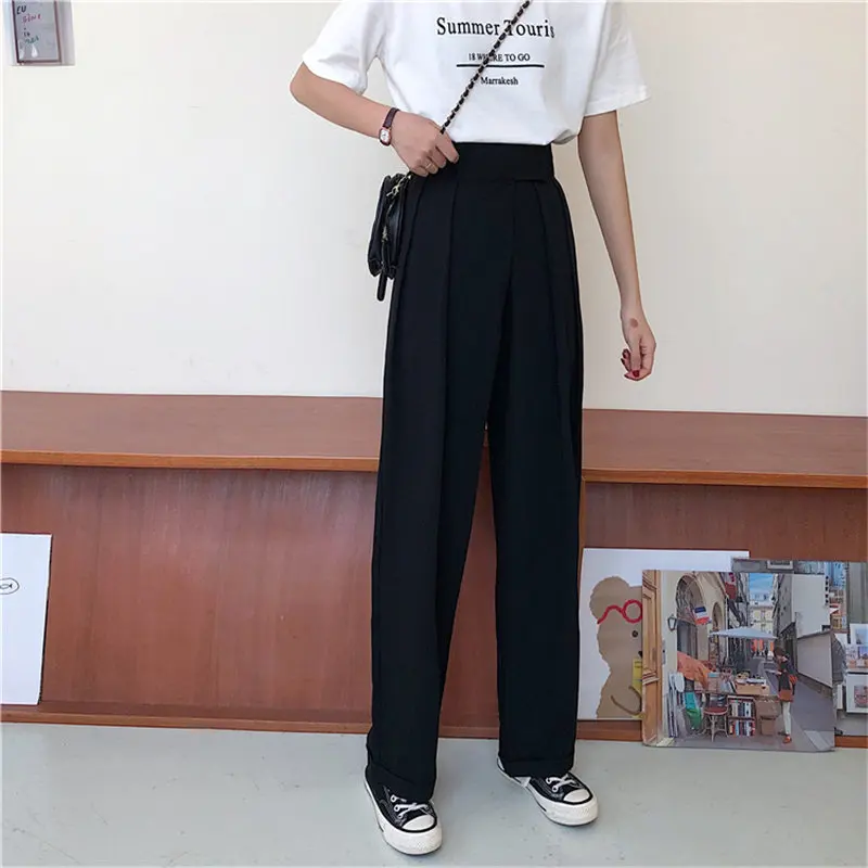 Черные шикарные свободные однотонные Прямые повседневные универсальные офисные