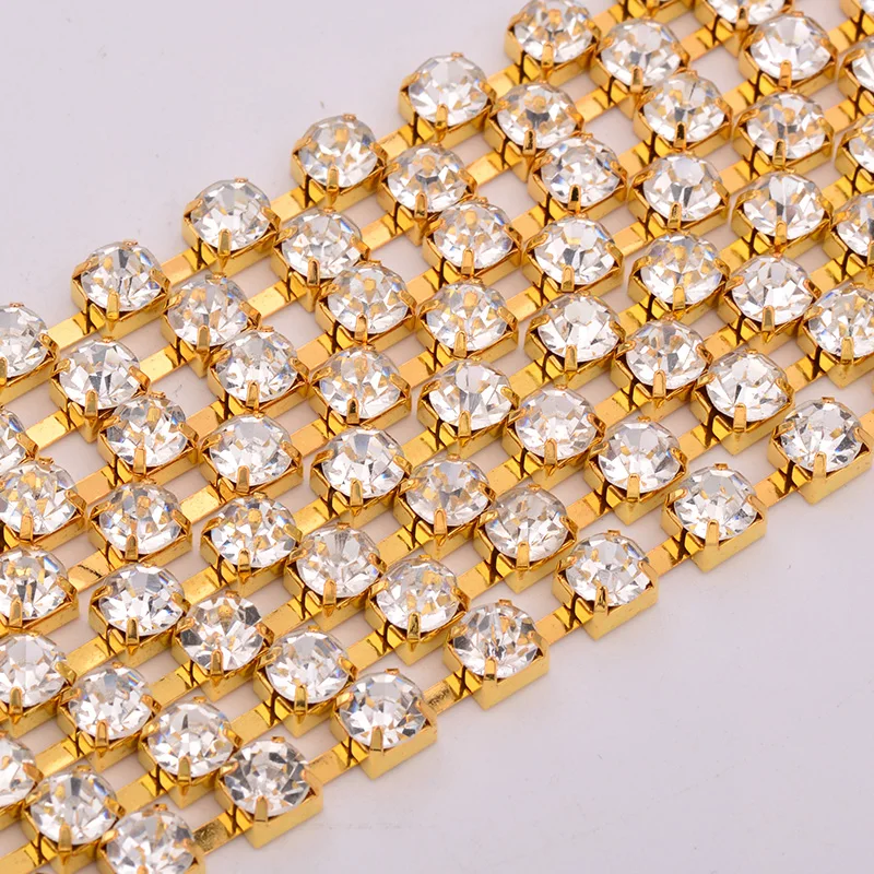 

JUNAO SS28 6mm Clear Glass Rhinestone Chain Sewing Metal Trim Gold Silver Crystal Appliques Strass Ribbon DIY Jewelry Clothes