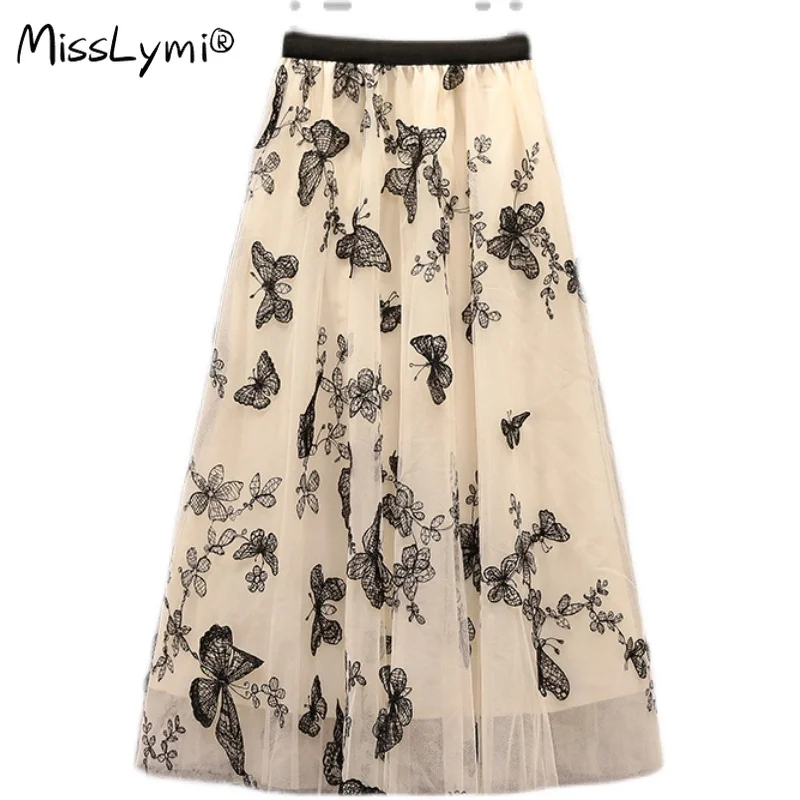 

4XL Plus Size Women Elegant Midi Skirts Summer 2021 Vintage Flower Butterfly Embroidery Elastic High Waist A-Line Mesh Skirt