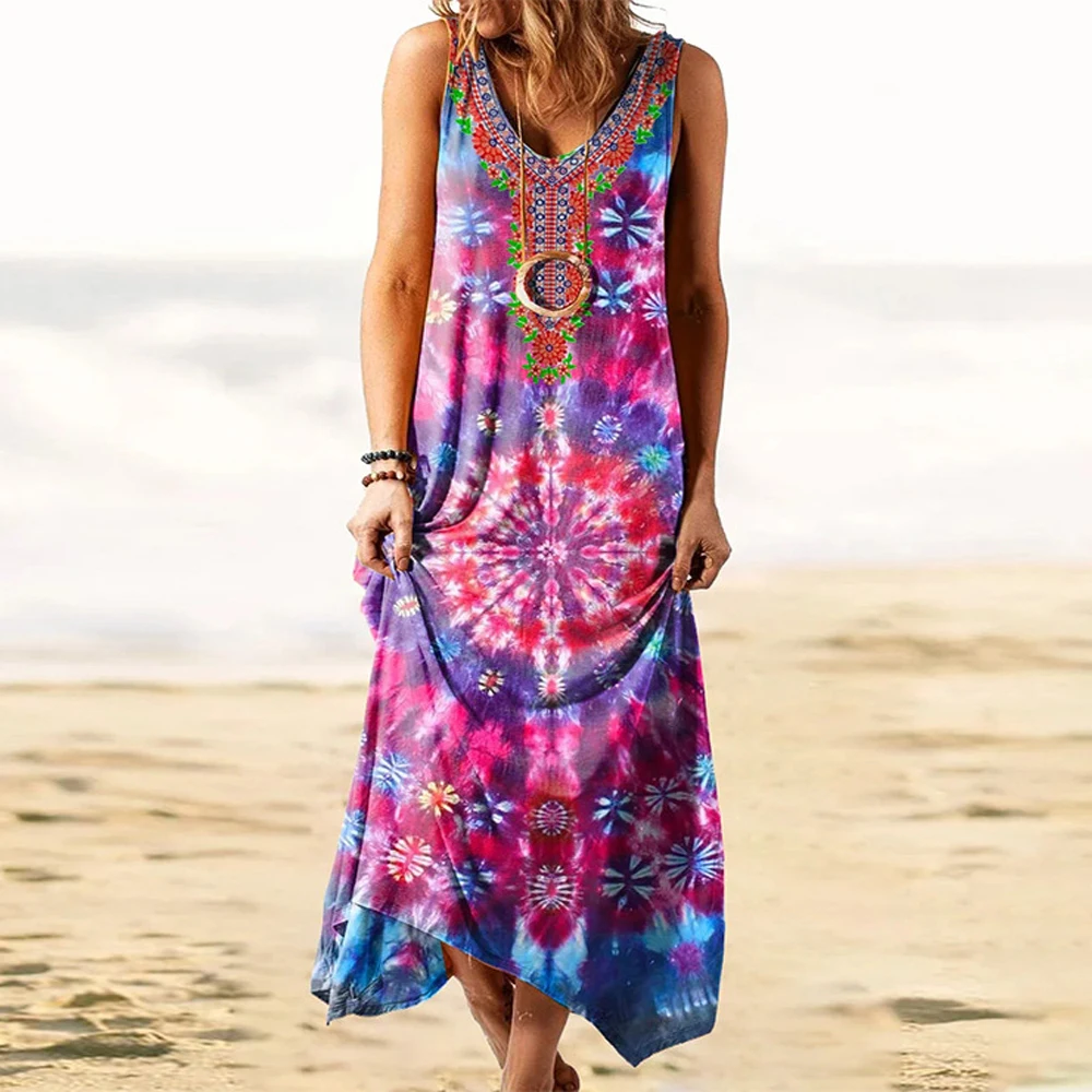 

Women Summer Long Skirt Ethnic Style Loose Printed Sleeveless Vest One-piece V Neck Casual Pullover Dress