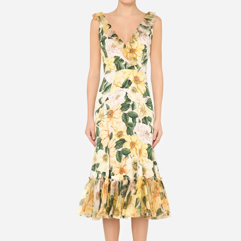 

2021 Summer Runway New Style Sexy V-Neck Ruffled Slim Temperament Mid-Length Fishtail Dress High-Quality Women'S Clothing