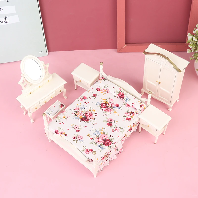 

6Pcs/set 1:12 Dollhouse Miniature Bedroom Furniture Dolls Bed Wardrobe Dresser