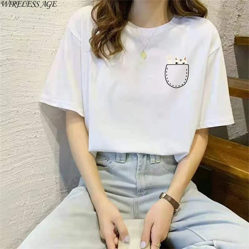 

WIRELESS AGE T Shirt Women Short Sleeve Round Neck Simple White Letter Printed Loose Casual Women's Tops New Summer Fashion Wild