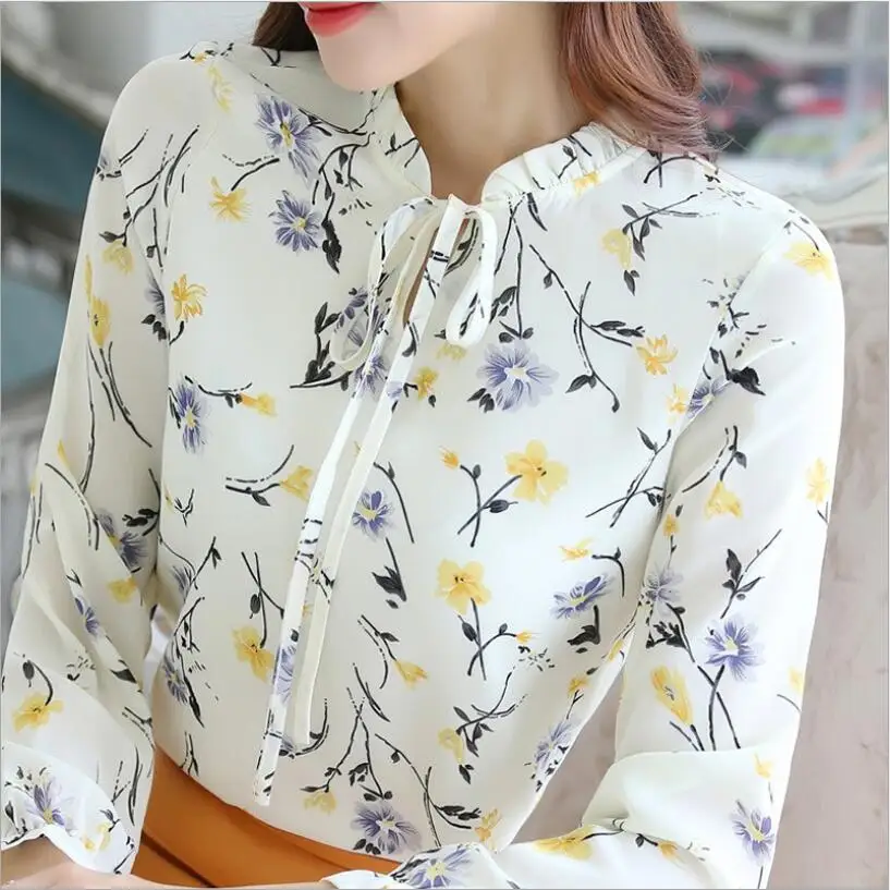 Бежевый Fanco Blusas Femininas, модные цветочные топы и блузки, осенние женские рубашки с длинным рукавом, шифоновые женские блузки с принтом - Цвет: Бежевый