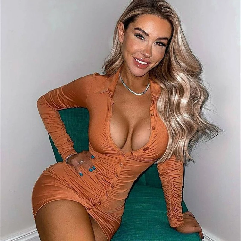 

Articat New Autumn Casual Women's Dresses Vintage Bodycon Single-breasted Summer Dress Simply Ruched Y2K Women's Clothing 2021