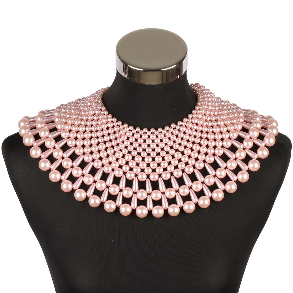 Big Chunky Imitation Pearl Bead Ball Statement Necklace for Women Handmade Choker Weave New Collar Party Female Jewelry |