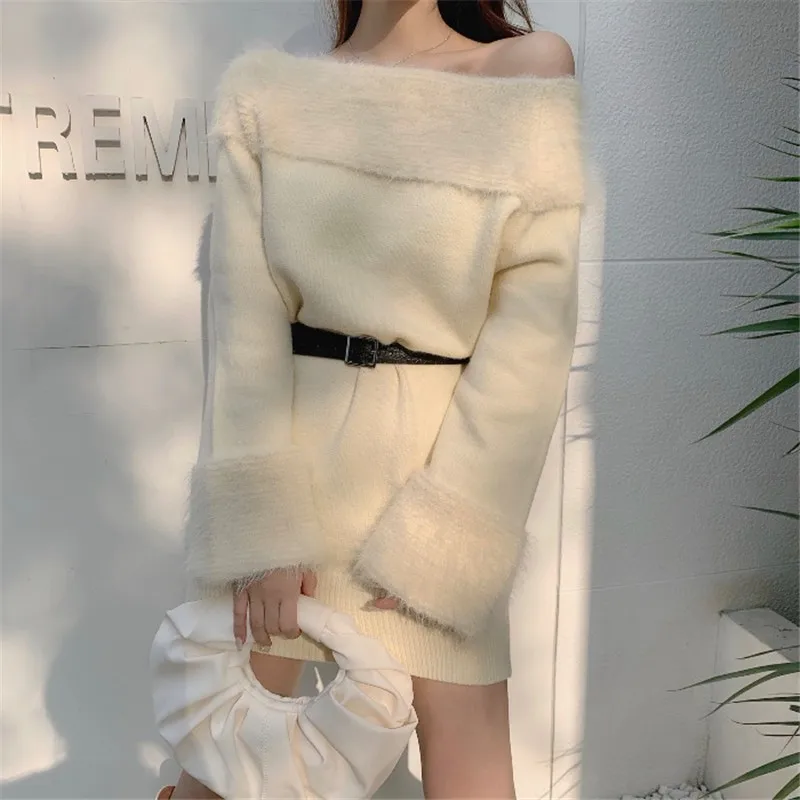 

Sexy off-shoulder knitted dress women's 2021 spring and winter new slim waist long-sleeved sweater bag hip dresses