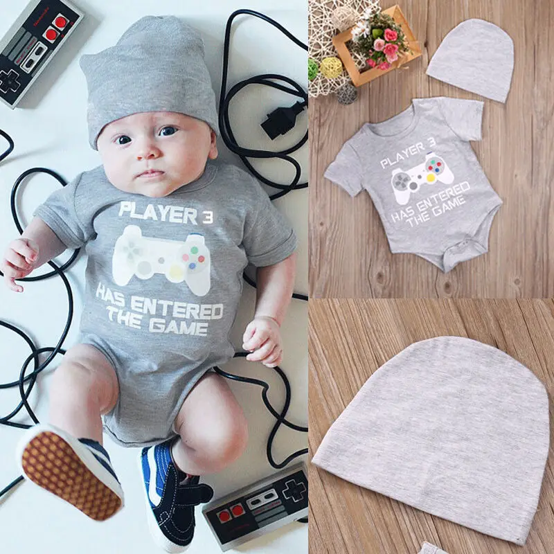 

Fashion 2pcs Newborn Baby Boy Girl Set Clothes Letter bodysuit + Hat Set Jumpsuit Clothes Outfits