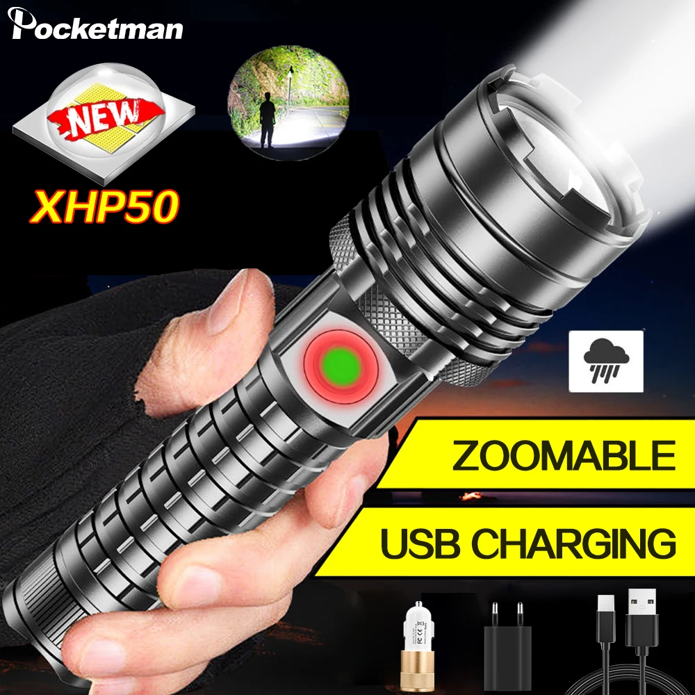 

Светодиодный фонарик XHP50, супер мощный фонарик с зарядкой от USB, водонепроницаемый тактический фонарь с фокусировкой, 35000 люмен