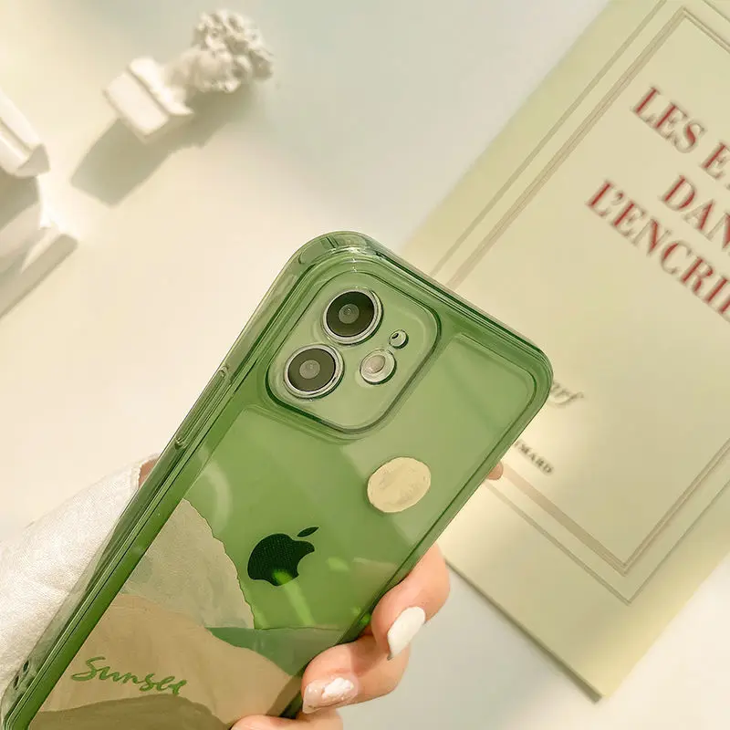 

LISM Fashion Phone Case For Iphone 11 12 Pro Max 7 8 X XS Max XR SE Green Transparent Lens Protection Shockproof Soft Case Cover