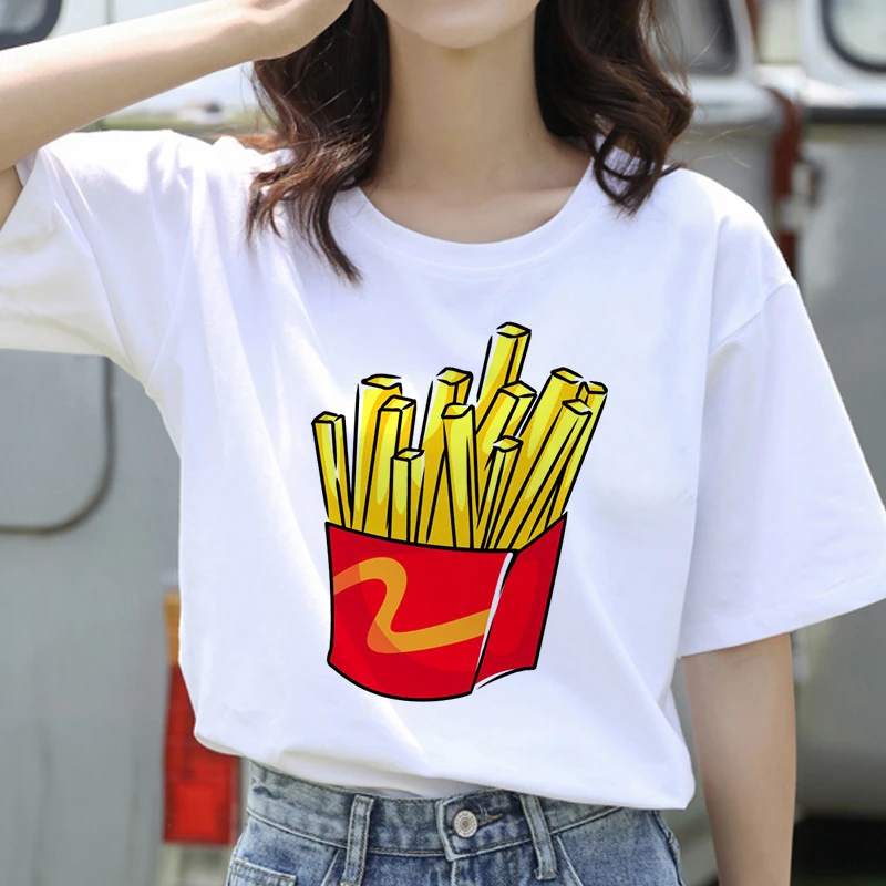 

2020 Summer Women T-shirt Cartoon fries Burger Printed Tshirts Casual Tops Tee Harajuku 90s Vintage White tshirt Female Clothing