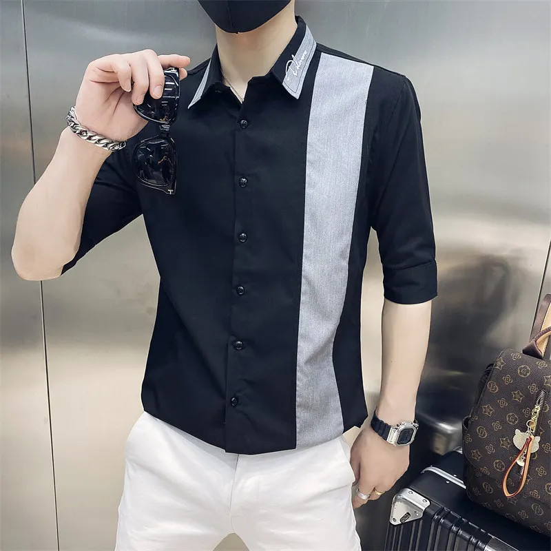 

Летняя лоскутная рубашка для мужчин с рукавом 3/4, приталенная уличная рубашка 2021, летняя деловая рубашка для офиса, Повседневная рубашка ...