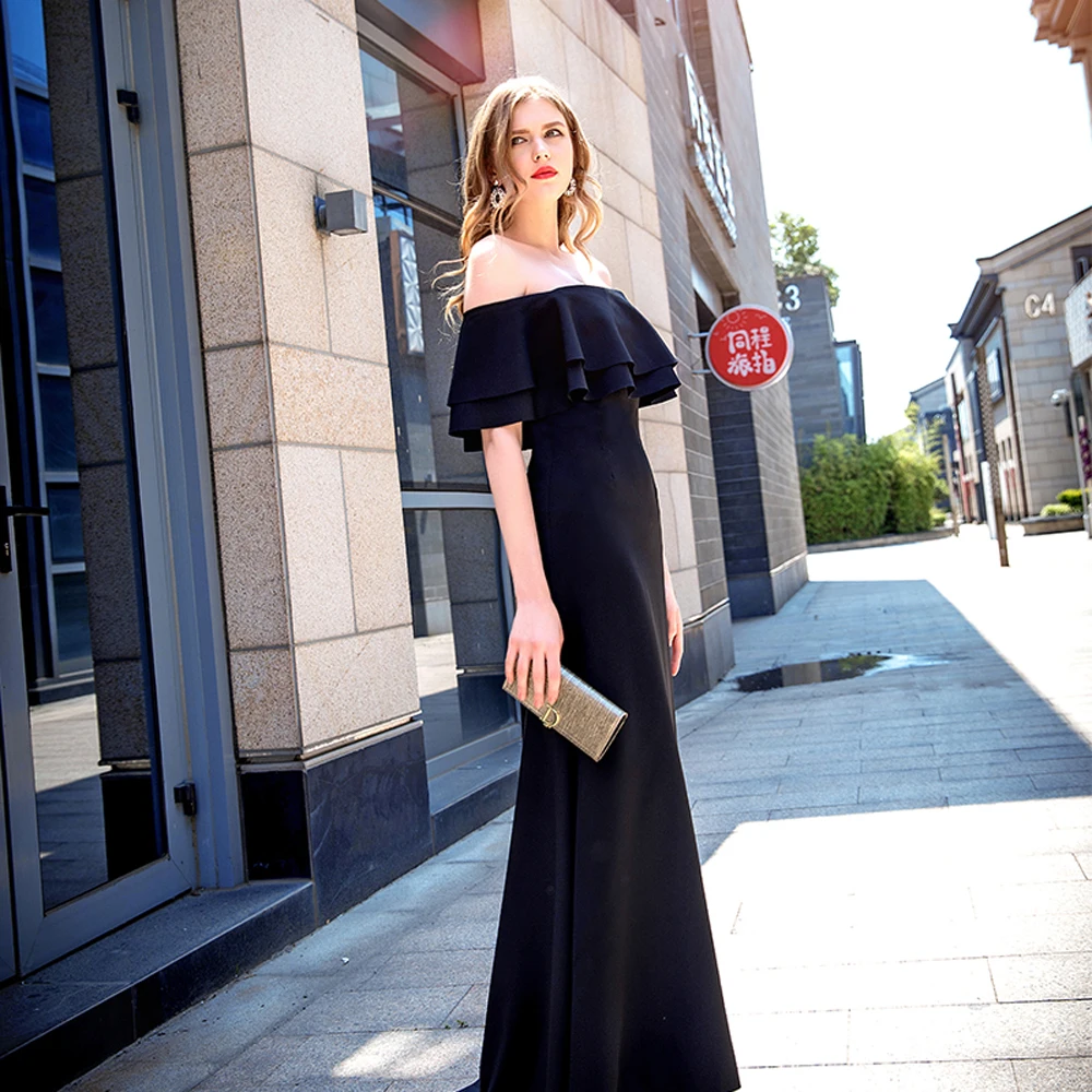 

Real Image Evening Dresses Off The Shoulder Elegant Simple Satin Homecoming Dress Mermaid Bateall Black Gowns 2021