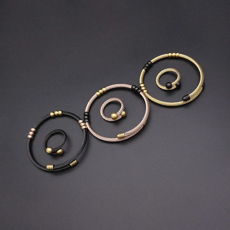 JSBAO New Arrivals Rose Gold Black Color Stainless Steel Cuff Bracelets Women Bracelet Ring Jewelry Set For | Украшения и