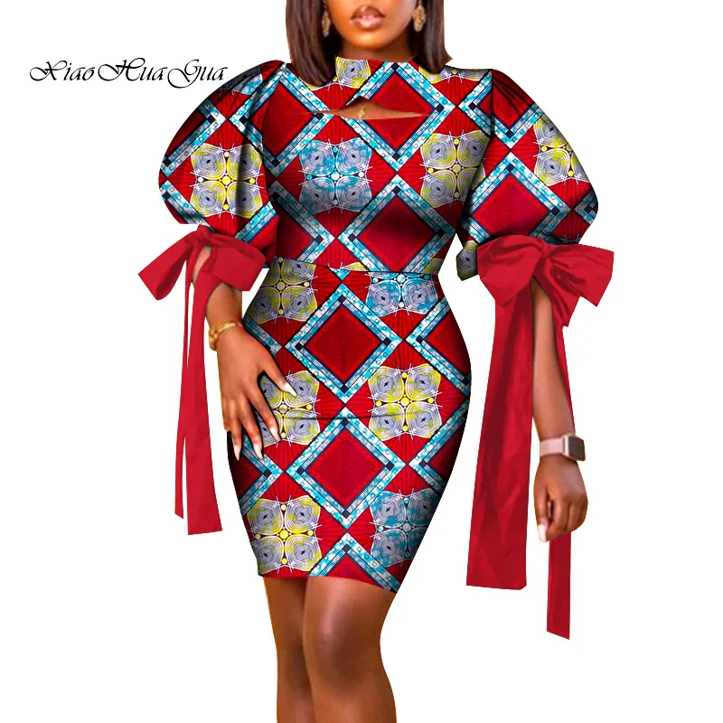 

2021 Ankara African Dresses African Clothing Puff Sleeve Customized New African Print Bazin Riche Mini Dress For Women WY8938