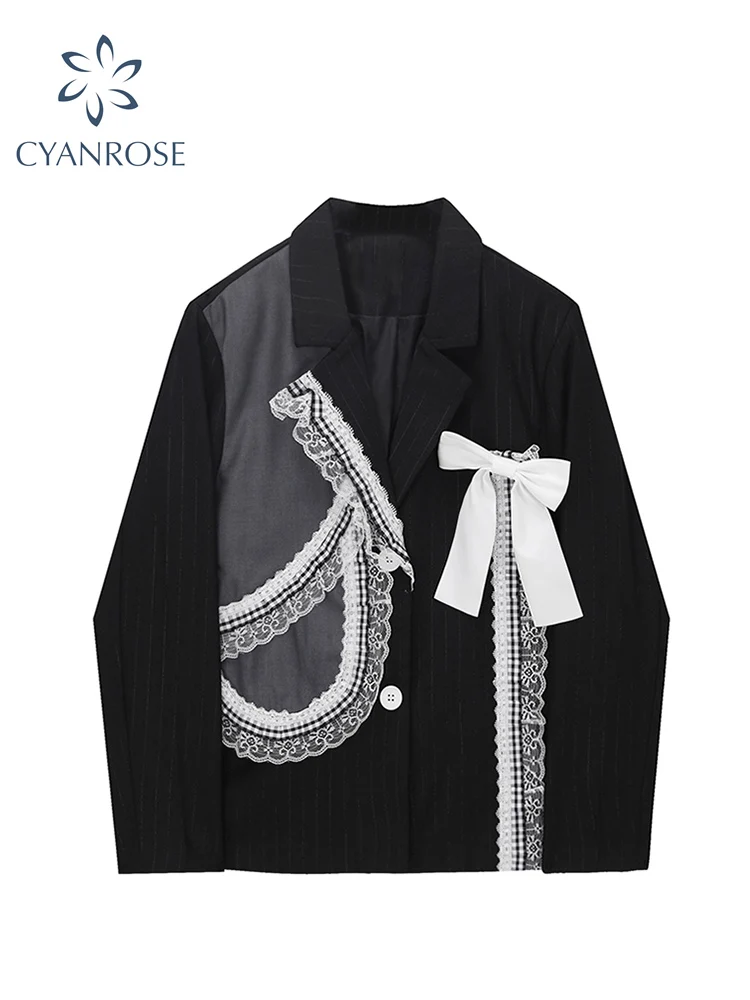 

Women Lace Bow Patchwork Suit Jacket Office Ladies Loose Vintage Fashion Female Long Sleeve Blazer Single Breasted Lapel Outwear
