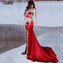 Robe de bal de forme sirène en Satin, tenue de soirée arabe deux pièces, col en v, avec traîne, dubaï, fendue, 2021  (3)