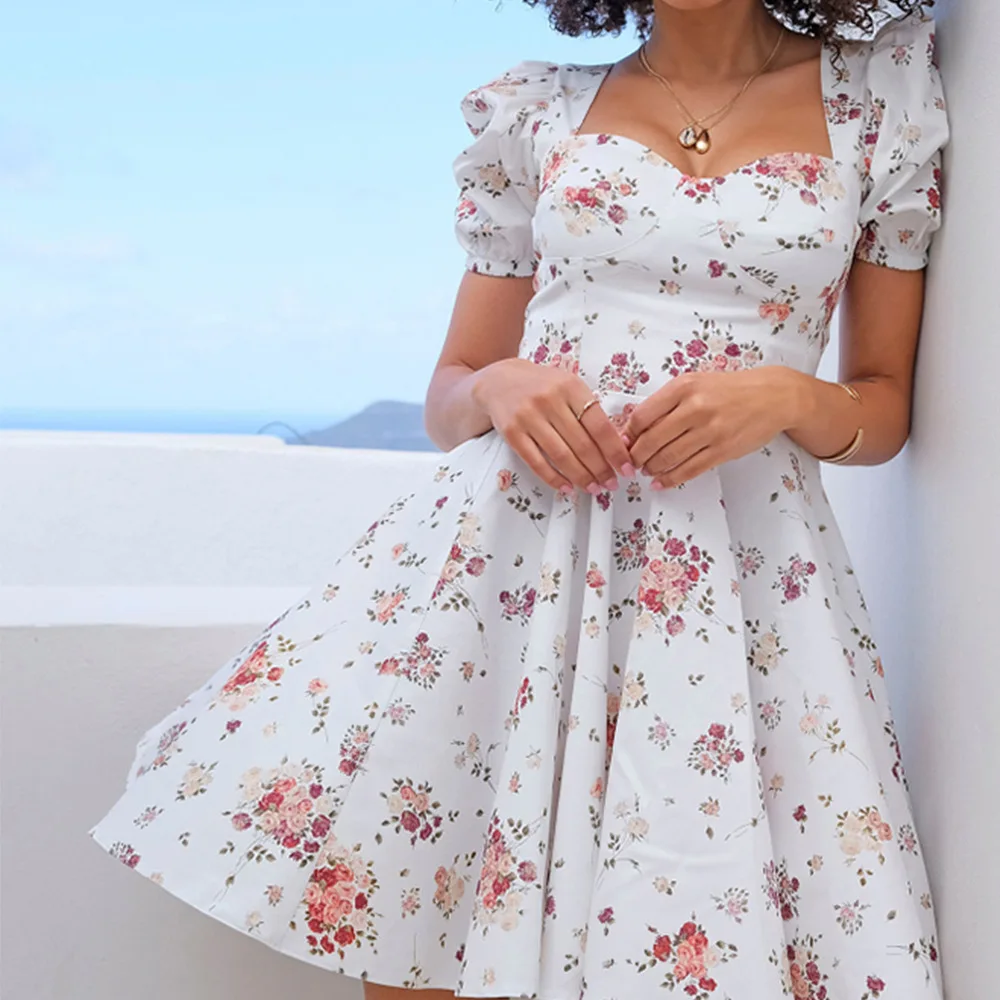 

Sexy Square Collar White Printing Mini Dress Woman Puff Sleeve High Waist Party Holiday A-Line Dress 2021 New Summer