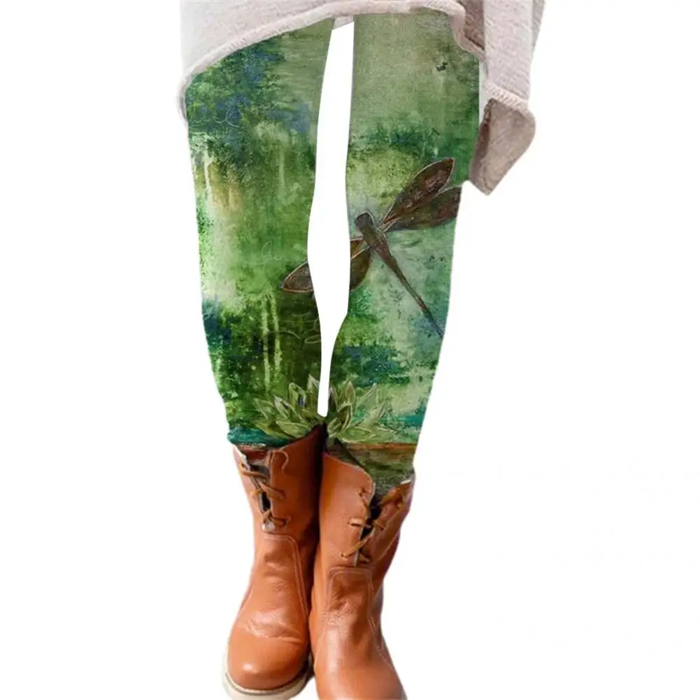 

Butt-lifted Close-Fitting Green Landscape Print Bottoming Pants for Parties