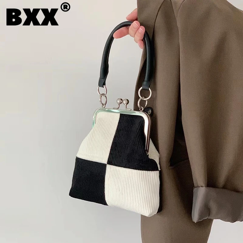 

[BXX] женский новый контрастный цвет клетчатый мешок на застежке, Вельветовая универсальная сумка для девушек, элегантный топ-ручка, модная О...