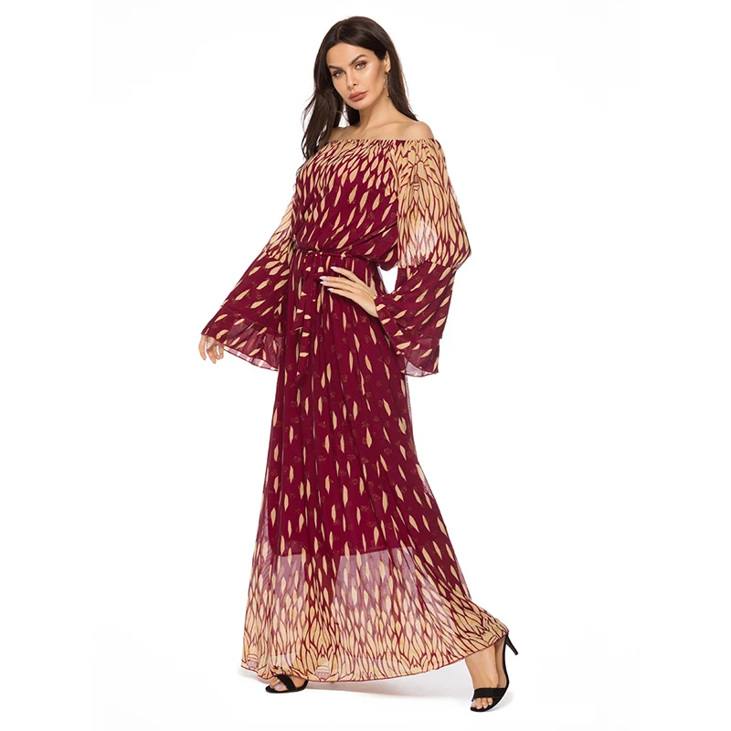 Baju Muslim Dubai Turki Satu Leher Sangkakala Lengan Dicetak Ayunan Besar Gaun Abaya Wanita Islam Indonesia Maroko Rok Panjang