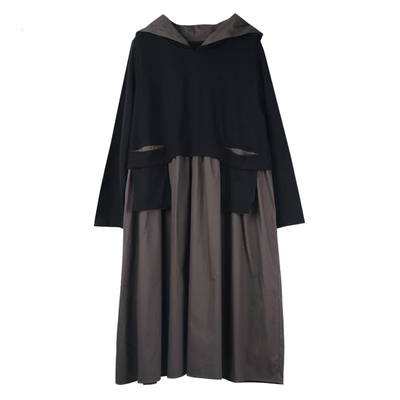 

XL - 4XL Plus Size Dress Women Autumn Hooded Pockets Patchwork Casual Dress Black A-line Knee length Midi Dress Female Vestidos