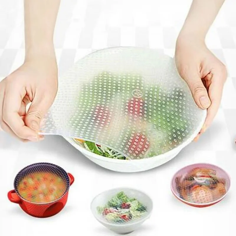 

4pcs/lot Food Fresh Keeping Wrap Lid Cover Kitchen Tools Reusable Silicone Food Wraps High Stretch Seal Vacuum Cover Gadgets