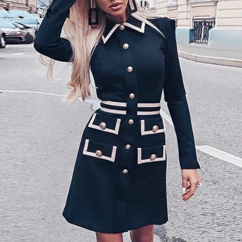 

2021 Blazer Design Pocket Button Back Collar Dress