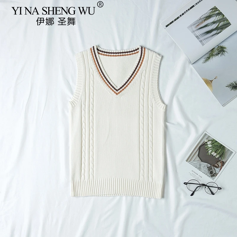 

High School Student Spring Autumn Sleeveless Knit Vests Pullovers V Neck Cotton Sweaters For JK School Uniform Student Clothes