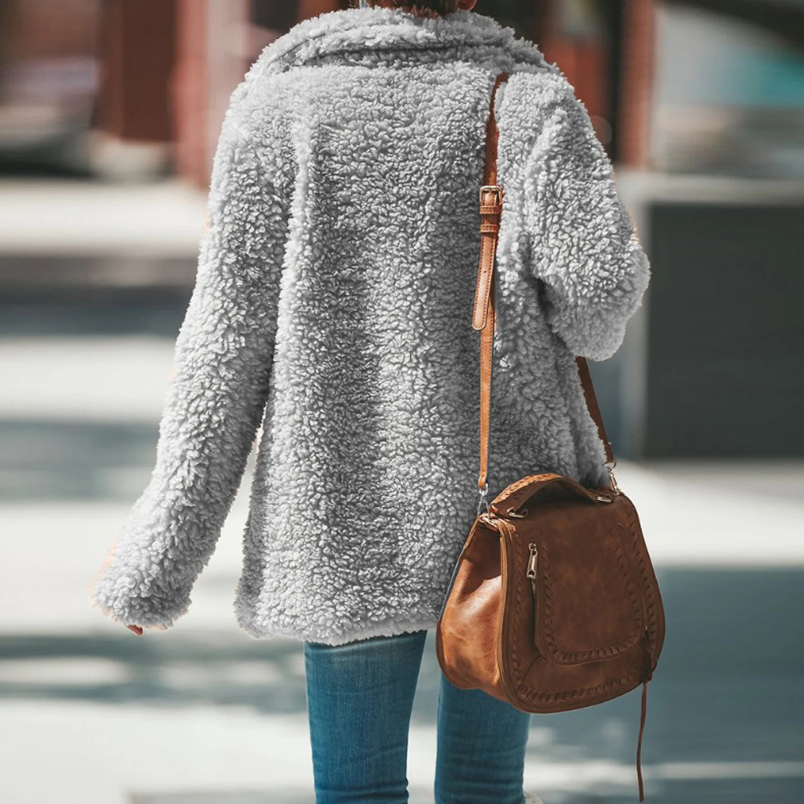 

2020 Autumn Coat Women Long Sleeve Pocket Zip Coat Fuzzy Warm Winter Mid-length Jacket Outerwear Loose Solid Casual coat Jacket