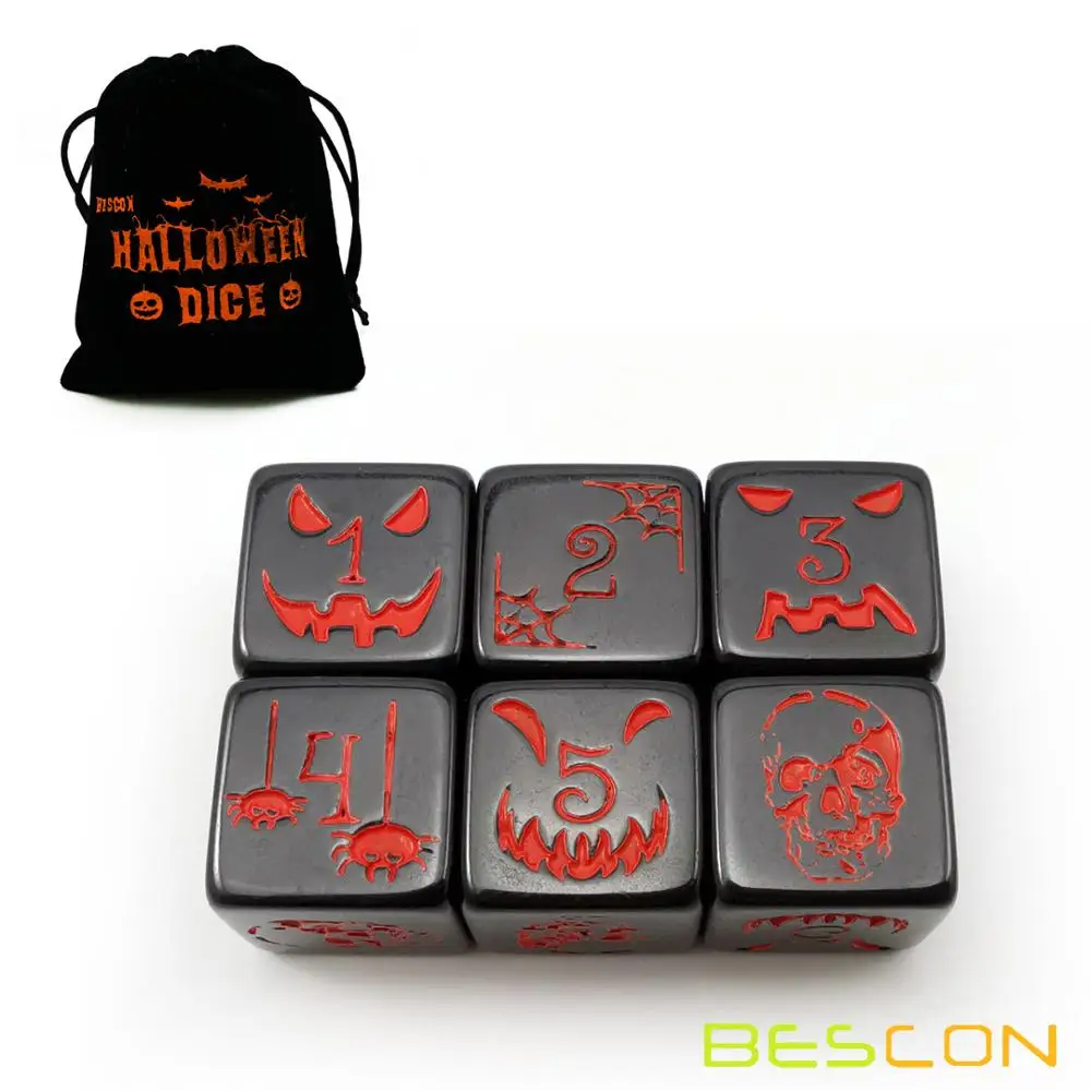 Bescon-Juego de 6 dados de Halloween, 6 lados en negro s&oacute;lido, juego de dados de Halloween de 6 caras en bolsa de terciopelo-2