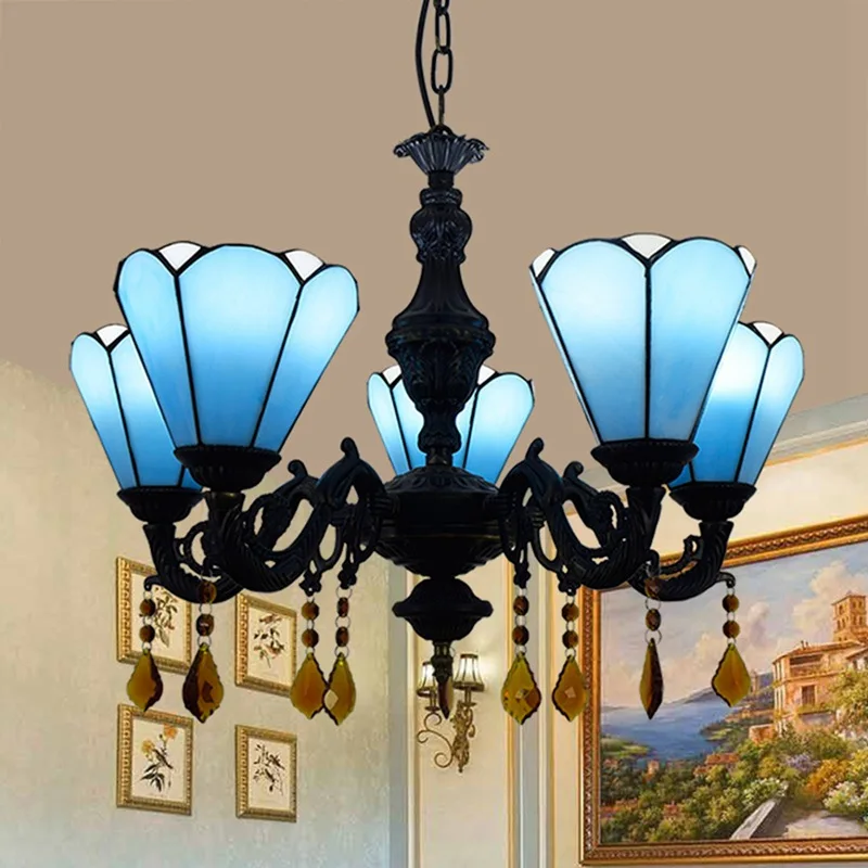 

European-Style Modern Mediterranean Blue Tiffany Colored Glass Simple Bar Restaurant Cafe 5 Hanging Lamps