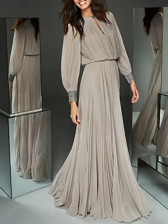 

Luxurious Evening Dress 2022 Jewel Neck Floor Length Chiffon Long Sleeve Beads Pageant Prom Gown Vestidos Robe De Soiree