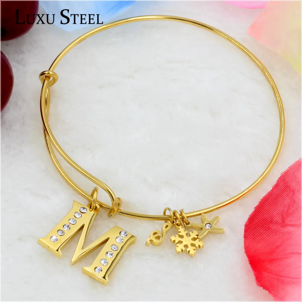 Расширяемый стальной браслет LUXU золотистого цвета подвески с буквами и фианитом браслеты из нержавеющей