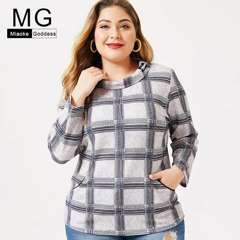 Плюс размер женщин 2019 осень новый отворот блузка футболка с длинным рукавом плед