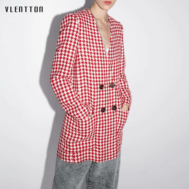 Осенний винтажный жакет в гусиную лапку Блейзер Женский двубортный v образный