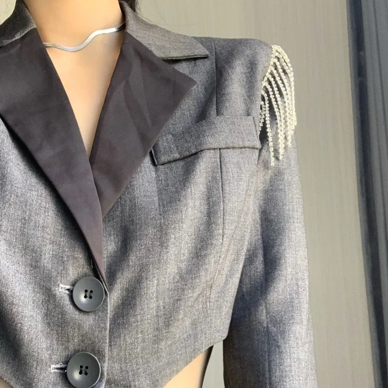 Women Designer Gray Blazers Fashion Sexy Slim Fit Hollow Out Suit Jacket Autumn Long Sleeve Tassel Single Breasted Blazer Coat