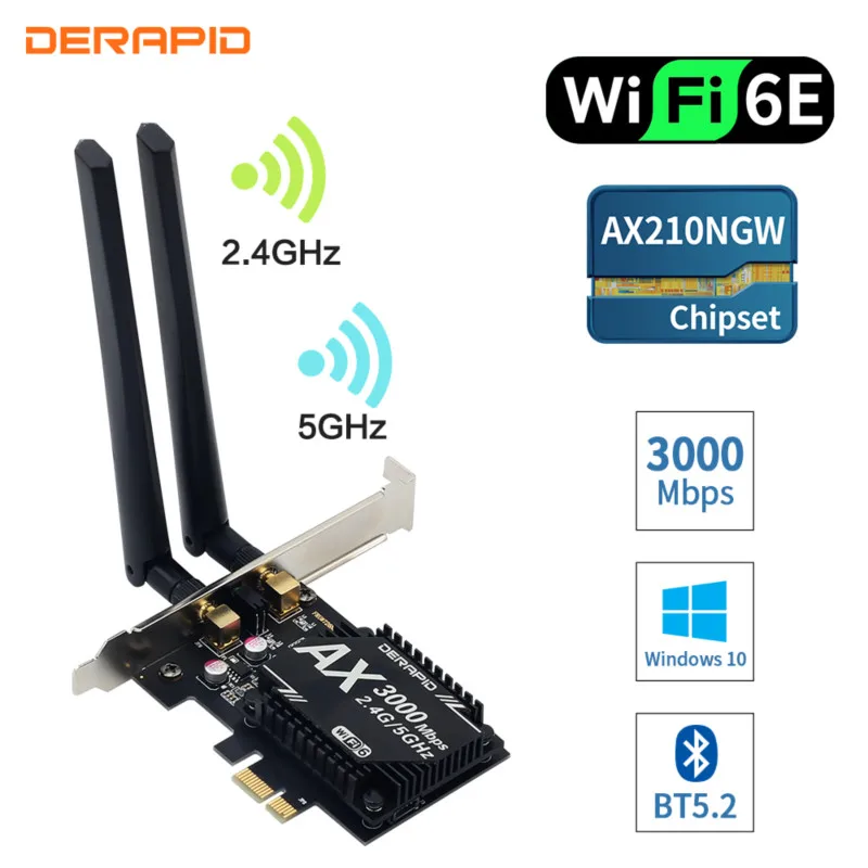 

WiFi 6E Настольный комплект Intel AX210 Bluetooth5.2 WiFi6 карта 802.11AX 2,4 ГГц/5 ГГц 3000 Мбит/с PCI-Express беспроводной сетевой адаптер Win10