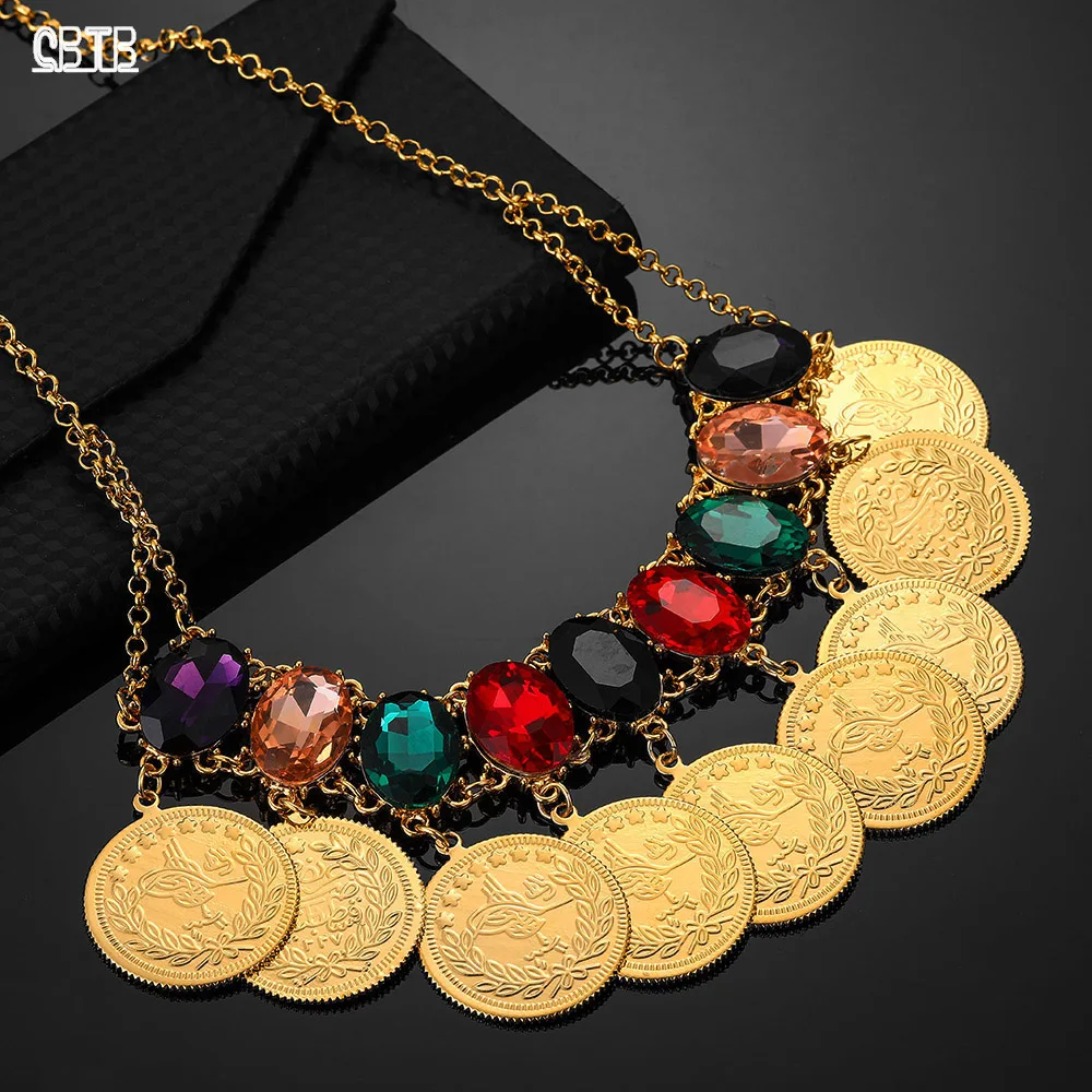 

Dubai Coin Women's Colorful Crystal Exquisite Necklace Arab Coin Luxury Wedding Gift Islam Middle East Muslim Necklace Jewelry