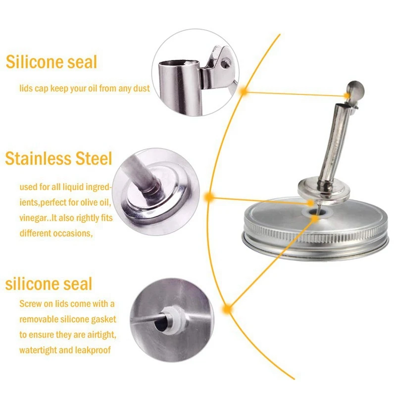 

6 Pack Stainless Steel Mason Jars Lid Kit, Oil pour Spout Dispenser Caps, Sprouting Mason Jar Lid, Shaker Dry Rub Lid