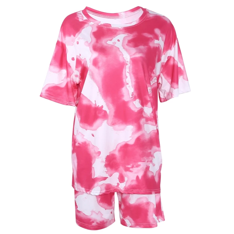 

Women 2 Piece Tracksuit Tie-Dye Short Sleeve Loose T-Shirts Biker Shorts Outfits J78E