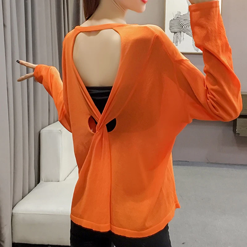 

4 Colors Spring Summer 2021 Ice Silk Backless Thin Knitted Bottoming Shirt Women Long Sleeve Sunscreen Pullover Femme Tops