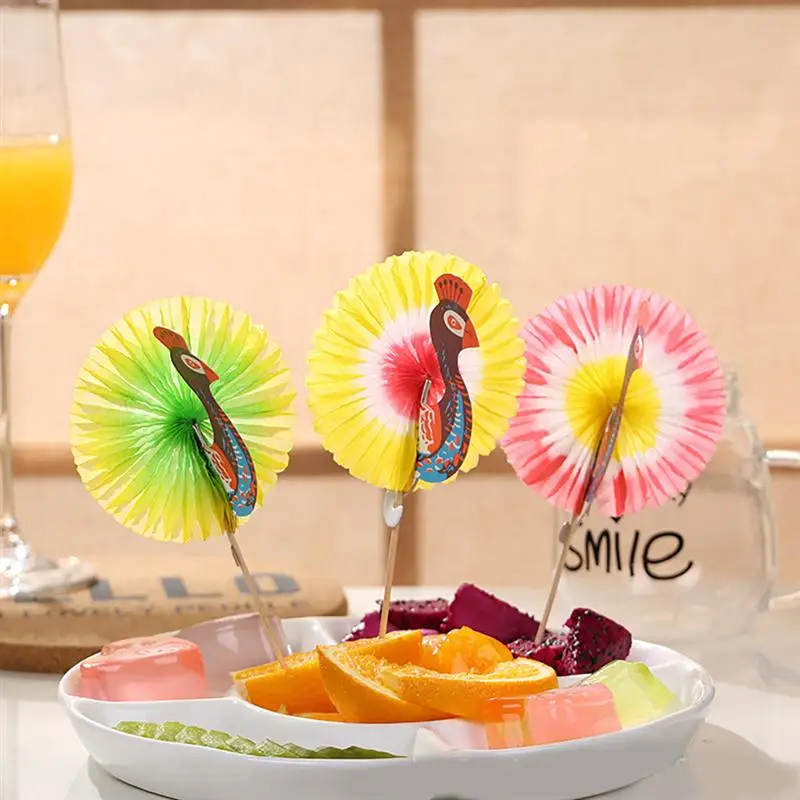 

50pcs Creative Cocktail Toppers Decorative Fruit Toothpicks Peacock Cocktail Decoration Fruit Stick (Assorted Color)