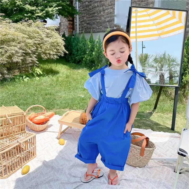 Летний комбинезон для девочек новинка 2021 рубашка с пышными рукавами в Корейском