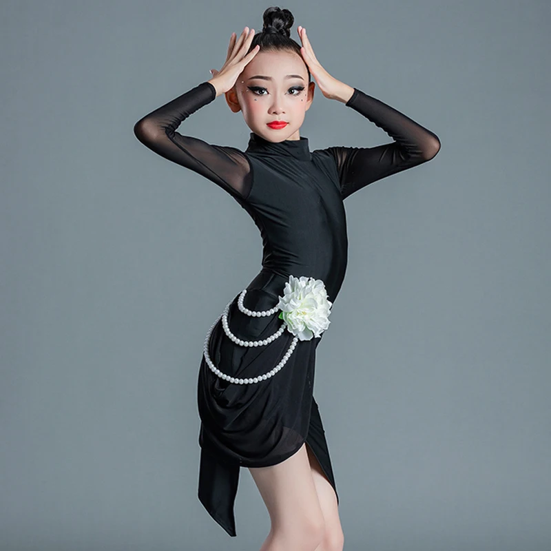 

Latin Dance Dress Kids Girls Latin Performance Costumes Long Sleeves Black Dancewear Professional Rumba Practice Dress