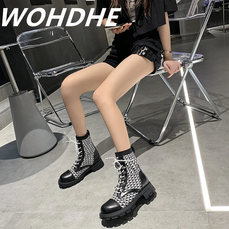 

WOHDHE Martin Boots Women's New 2021 Mid-calf Low Heel Boots Lace-up Cross-tied Street Style Cool Girl Shoes Hollow Leisure