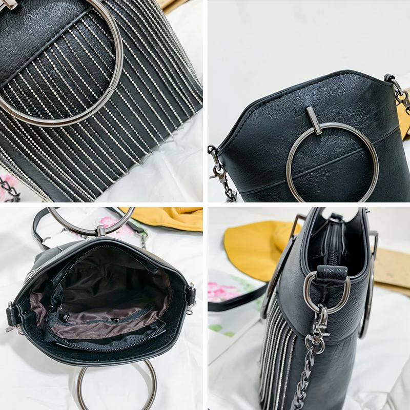 JIEROTYX Hot Sale New Women PU Leather Handbags Tassel Fashion Designer Black Bucket Chain Shoulder Bags Messenger Bag | Багаж и сумки