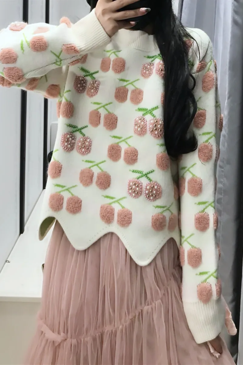 

Three-Dimensional Flocking Pattern Beads Rhinestones Sweater Women's Short Sweet Jumper Knitwear 2020 New Winter Sweaters Lady