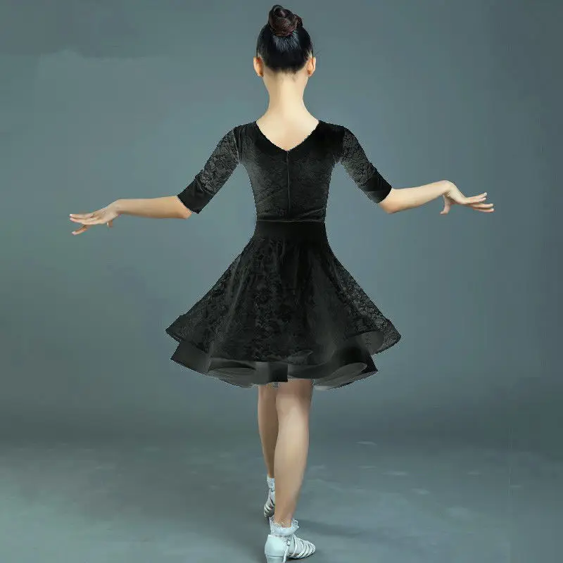 Children Latin Dance Dress Ballroom Baby Girl Tutu Lace Black White Design Stage Clothing Salsa Samba Costume 130-160CM | Тематическая